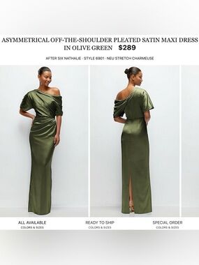 After Six Olive One-Shoulder Pleated Satin Gown
